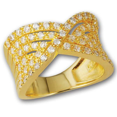 Paris Ring Gold featuring sterling silver with gold plating, adorned with sparkling clear stones in an elegant, intricate design for women’s jewelry collection.
