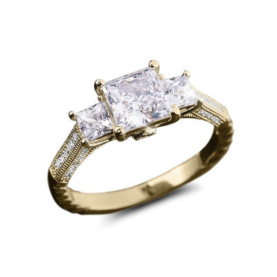 Lyla Princess Trilogy Ring featuring three square-cut stones set in a sterling silver band with gold plating, designed for women’s elegant jewelry collections.