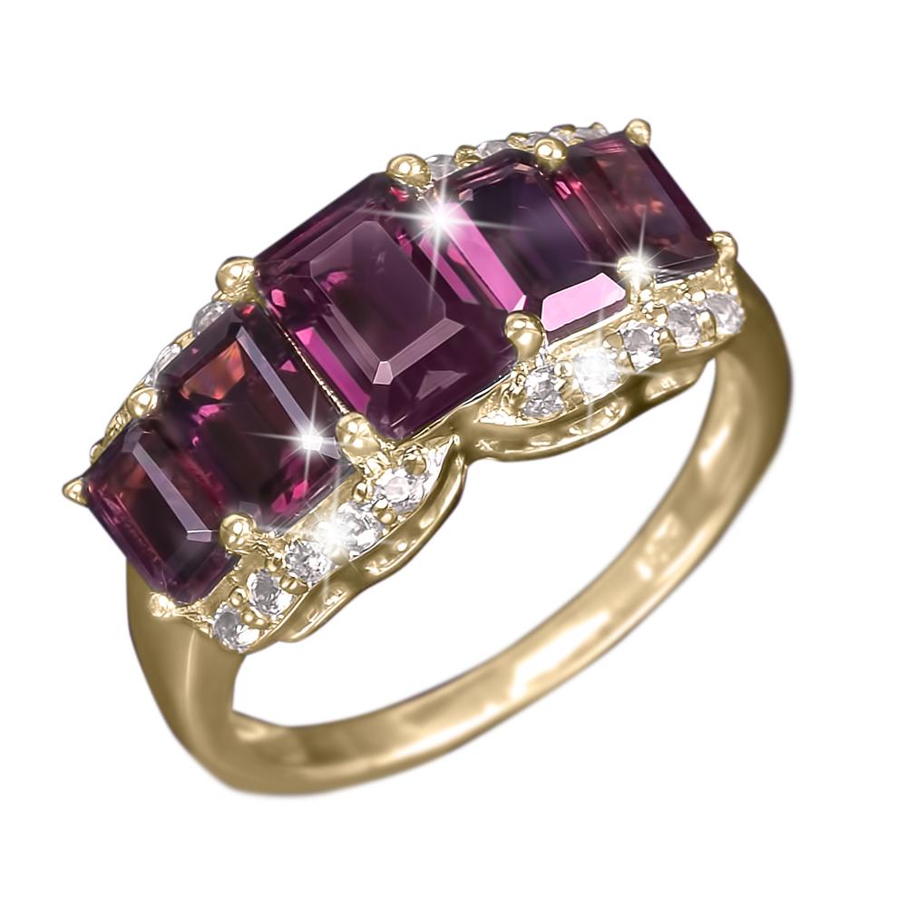 Rhodolite Renaissance Ring featuring four vibrant purple rhodolite stones set in sterling silver with gold plating, accented by small sparkling clear crystals.