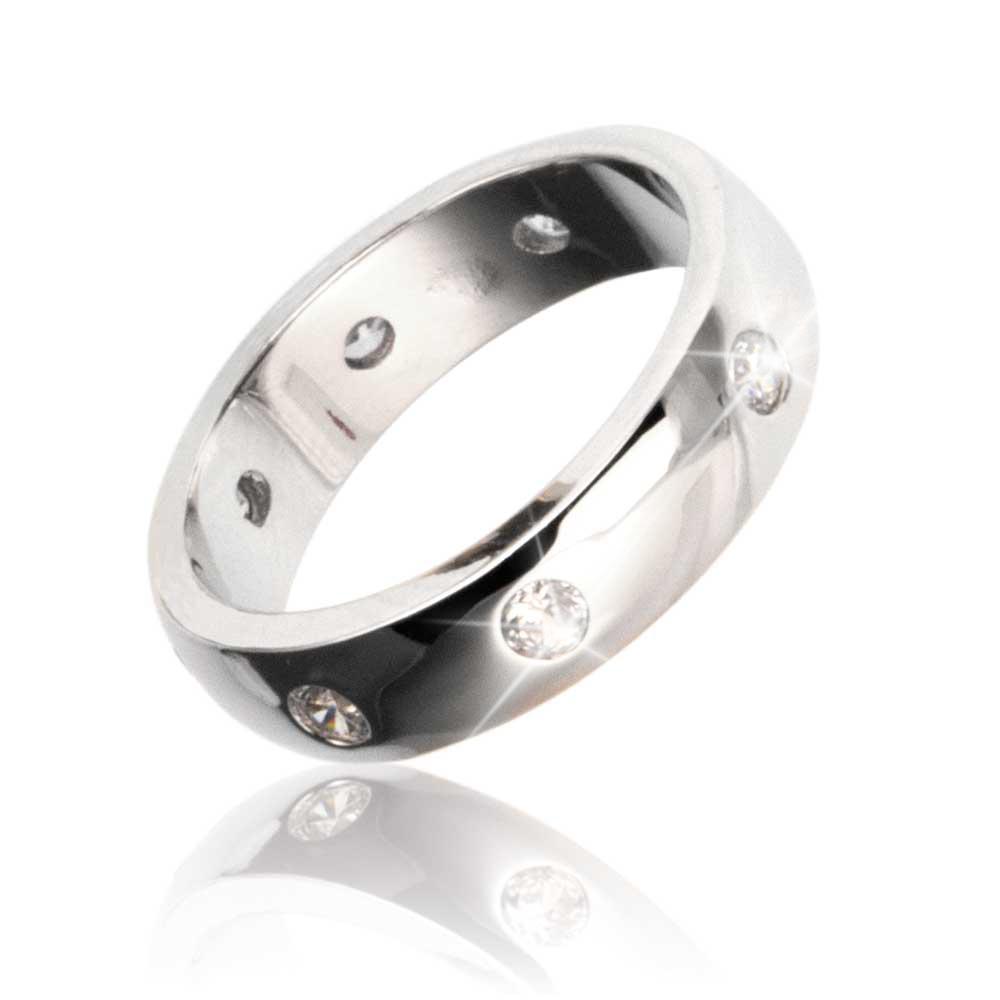 Puccini Ring Rhodium crafted in sterling silver with rhodium plating, featuring a sleek unisex design and embedded sparkling stones for elegant jewelry style.