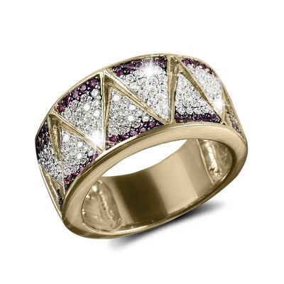 Cleopatra Ring in gold-plated sterling silver featuring intricate diagonal patterns set with sparkling clear and purple stones, a stunning piece of fine jewelry for women.