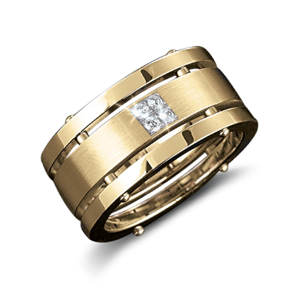 Quattro Ring Gold made of stainless steel with gold plating, designed for male jewelry featuring a modern band with diamond-like accents.