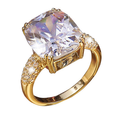 Dazzle Ring Gold featuring a large sparkling gemstone set in a gold-plated sterling silver band with intricate detailing, designed for female jewelry enthusiasts.