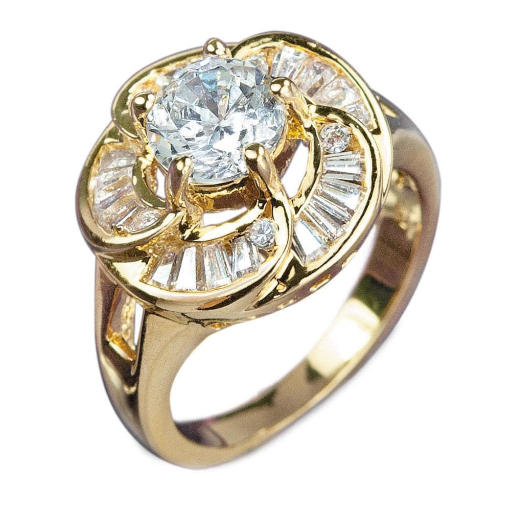 Rose Gold Ring crafted from sterling silver with gold plating, featuring a large central gemstone surrounded by intricate smaller stones, designed for female jewelry enthusiasts.