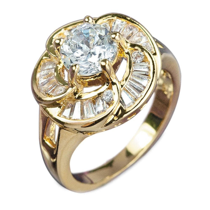 Rose Gold Ring crafted from sterling silver with gold plating, featuring a large central gemstone surrounded by intricate smaller stones, designed for female jewelry enthusiasts.