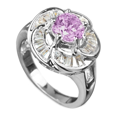 Rose Ring featuring a sterling silver band with rhodium plating, showcasing a large pink center stone surrounded by clear accent stones in an intricate floral design, elegant jewelry for female wear.