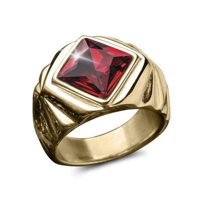 Obsedia Men's Ring featuring a gold-plated stainless steel band with a bold red square-cut gemstone, combining sophisticated design with durable craftsmanship.