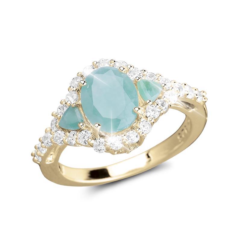 Sakota Emerald Ring featuring a sterling silver band plated with gold, adorned with a central emerald gemstone and surrounded by sparkling accent stones, designed for women’s jewelry.