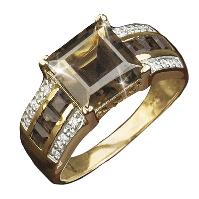 Bourbon Men's Ring featuring a large square smoky gemstone set in sterling silver with gold plating, accented by rows of clear crystals for a bold, elegant look.