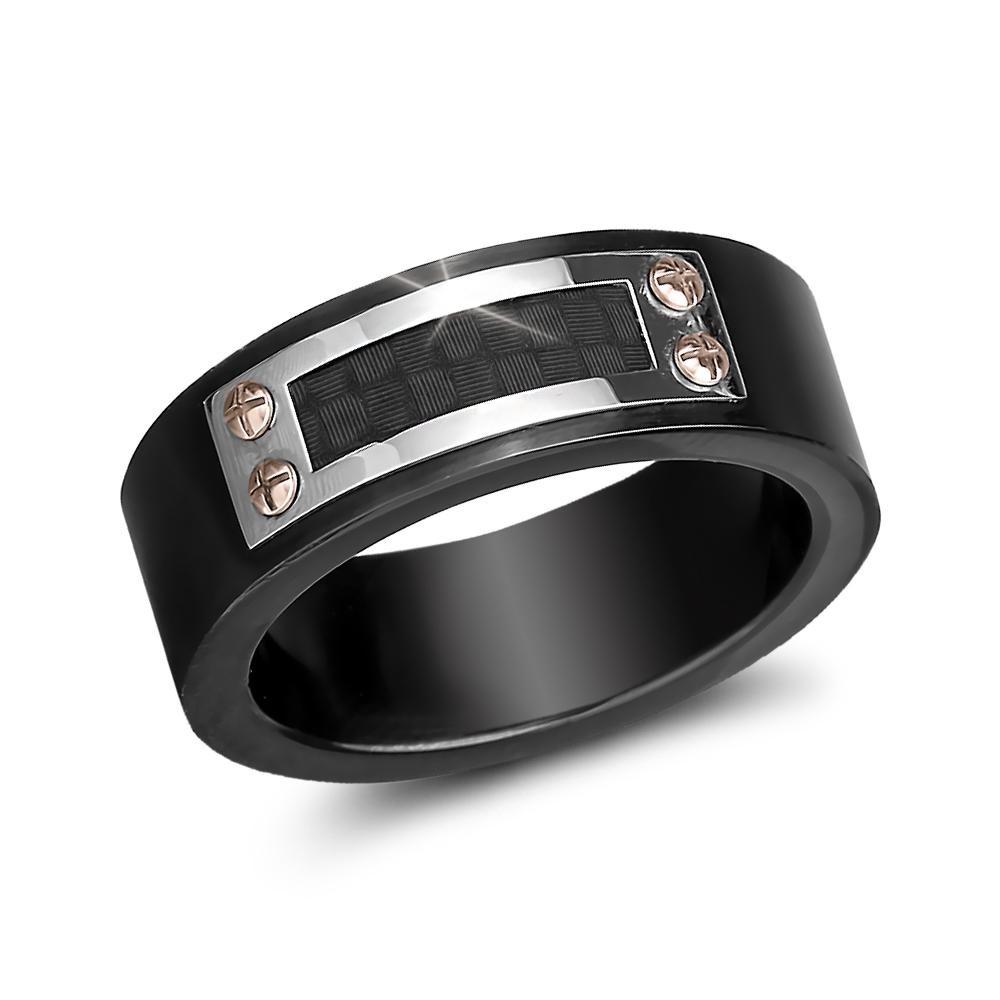 Dynamo Men's Ring in stainless steel with IP black plating, featuring a textured rectangular centerpiece secured by four rose gold-tone screws for a bold, modern look.