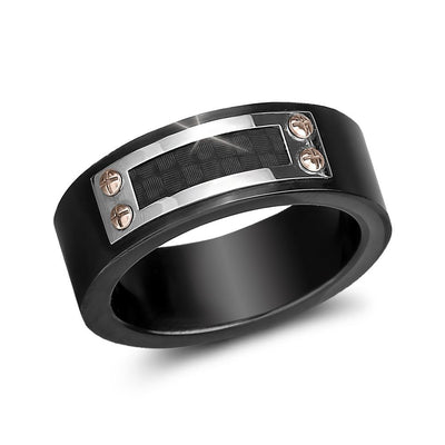 Dynamo Men's Ring in stainless steel with IP black plating, featuring a textured rectangular centerpiece secured by four rose gold-tone screws for a bold, modern look.