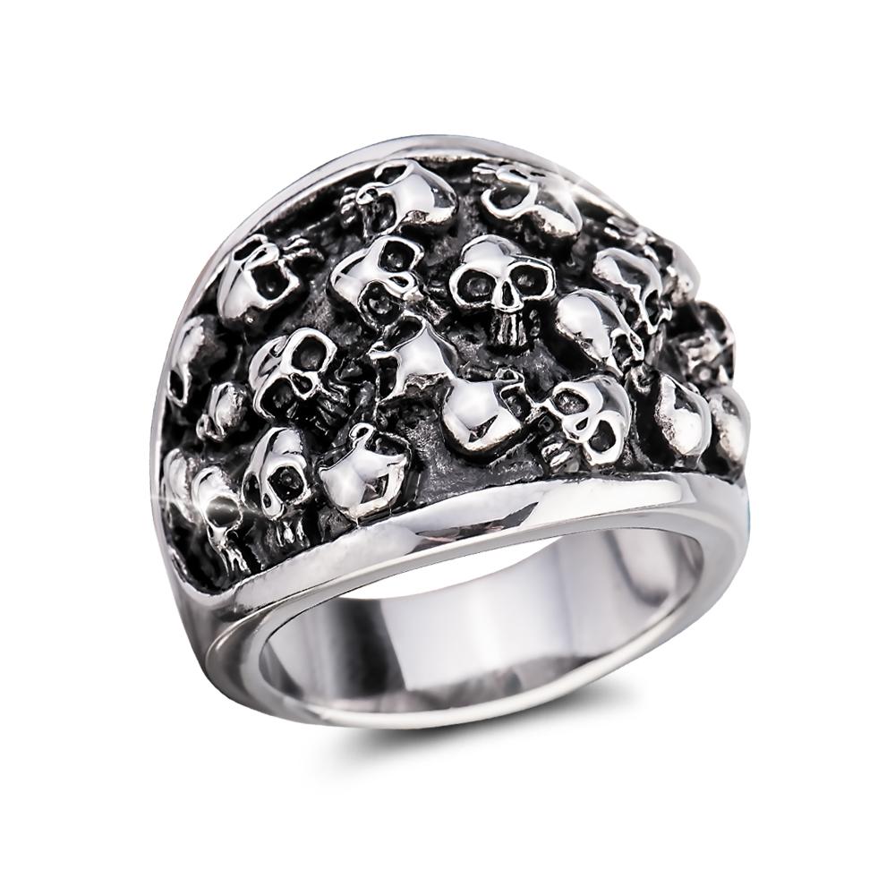Catacomb Men's Ring crafted from stainless steel, featuring a bold design of multiple detailed skulls for a striking and edgy jewelry statement.