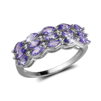 Tamia Tanzanite Ring featuring multiple marquise-cut tanzanite gemstones set in sterling silver with rhodium plating, designed for women’s fine jewelry.