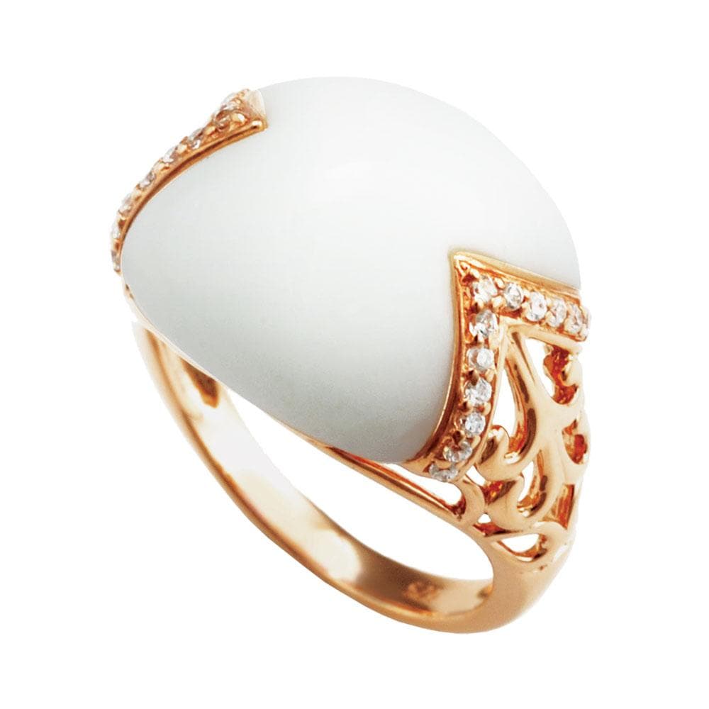 Vienna Ceramic Ring featuring a large white ceramic centerpiece with sterling silver rose gold plating and sparkling accents, designed for female jewelry enthusiasts.
