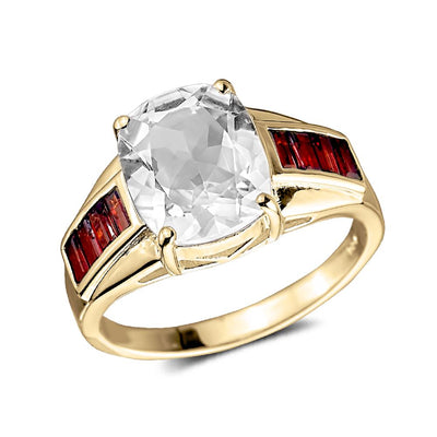 Arctic Quartz Men's Ring featuring a large sterling silver quartz centerpiece with gold plating and red gemstone accents on the band, designed for men’s jewelry.
