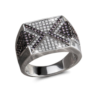 Duke Ring crafted in sterling silver with rhodium plating, featuring an intricate design accented with clear and black stones, designed for men’s jewelry collections.
