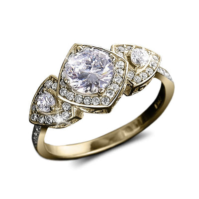 Samara Ring featuring a sterling silver base with gold plating, designed for women, showcasing a large central clear gemstone surrounded by smaller sparkling stones.