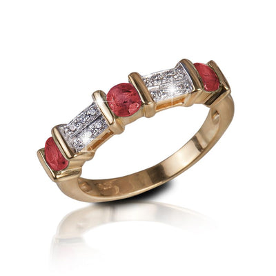 Trieste Ruby Gem Ring featuring sterling silver and gold plating with red ruby gemstones and clear accent stones, designed for women’s elegant jewelry collections.