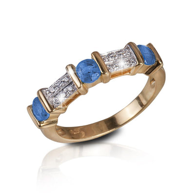 Trieste Sapphire Gem Ring featuring sterling silver and gold plating, designed for women, with alternating blue sapphire and clear gem accents in a sleek band style.